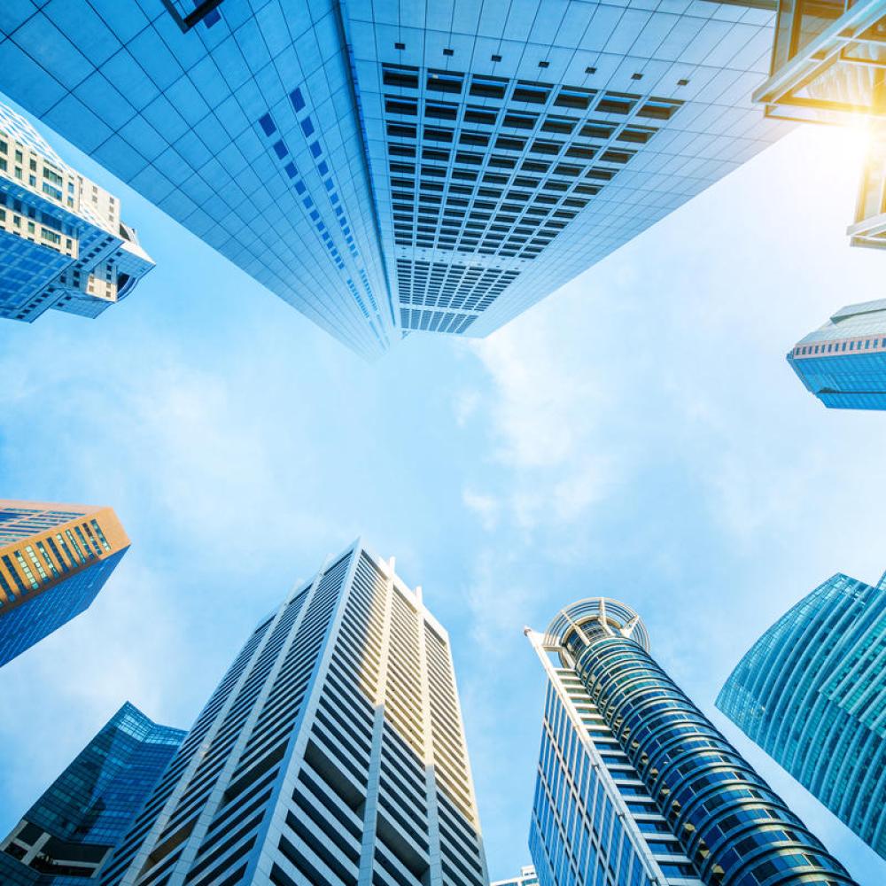 Skyscrapers viewed from below.