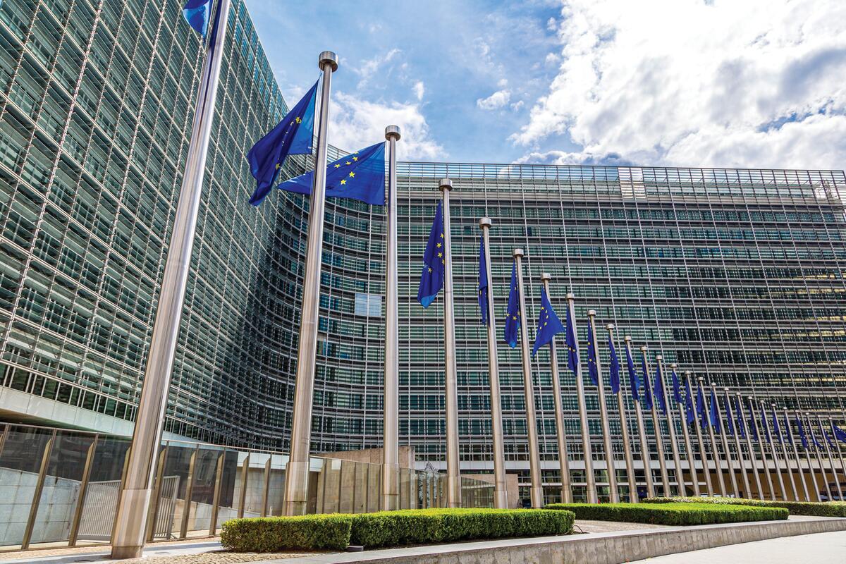 European flags in front of the headquarters of the European commission.