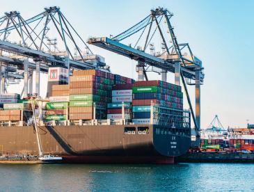 A container ship docked at a port.