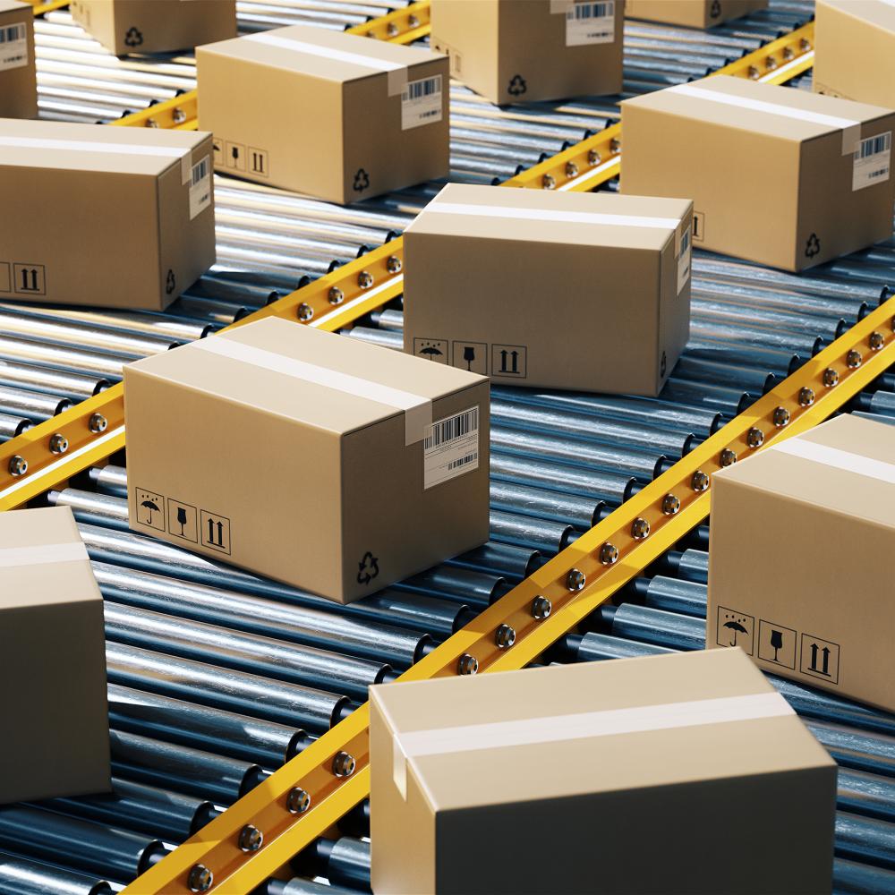 Shipping boxes on a conveyer belt.